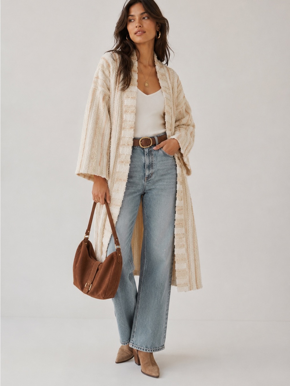 Anthropologie Renee Long Duster Coat Cream & Tan Textured Chevron